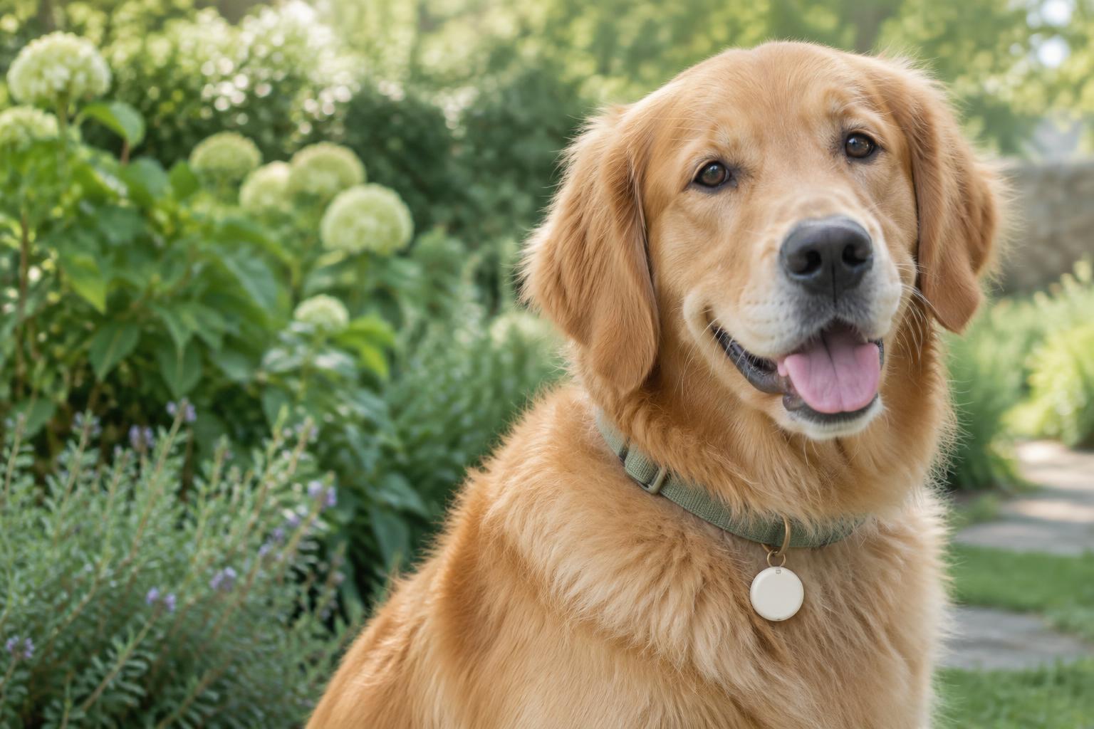 Golden retriever usando uma tag NFC na coleira